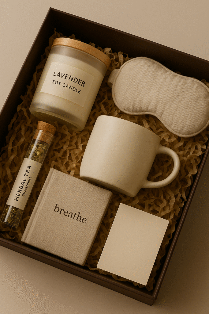 "Elegant luxury gift hamper containing gourmet chocolates, premium wine, scented candles, and artisanal treats, beautifully arranged in a decorative basket with ribbons."